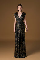 Black metallic striped chiffon gown by I.H.F featuring a V-neck, A-line silhouette, and asymmetric draped detail.