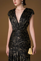 Black metallic striped chiffon gown by I.H.F featuring a V-neck, A-line silhouette, and asymmetric draped detail.