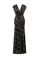 Black metallic striped chiffon gown by I.H.F featuring a V-neck, A-line silhouette, and asymmetric draped detail.