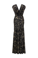 Black metallic striped chiffon gown by I.H.F featuring a V-neck, A-line silhouette, and asymmetric draped detail.