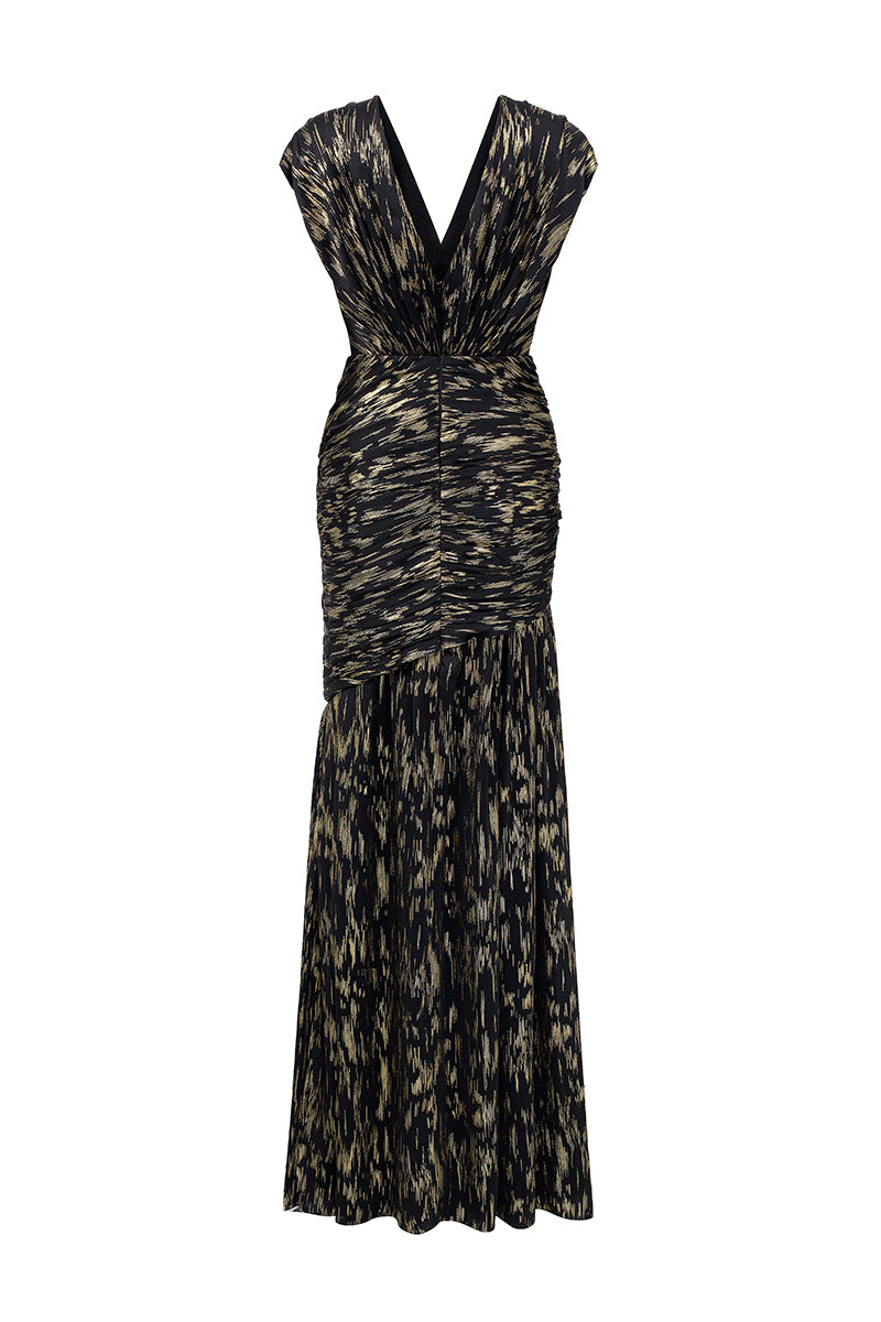 Black metallic striped chiffon gown by I.H.F featuring a V-neck, A-line silhouette, and asymmetric draped detail.