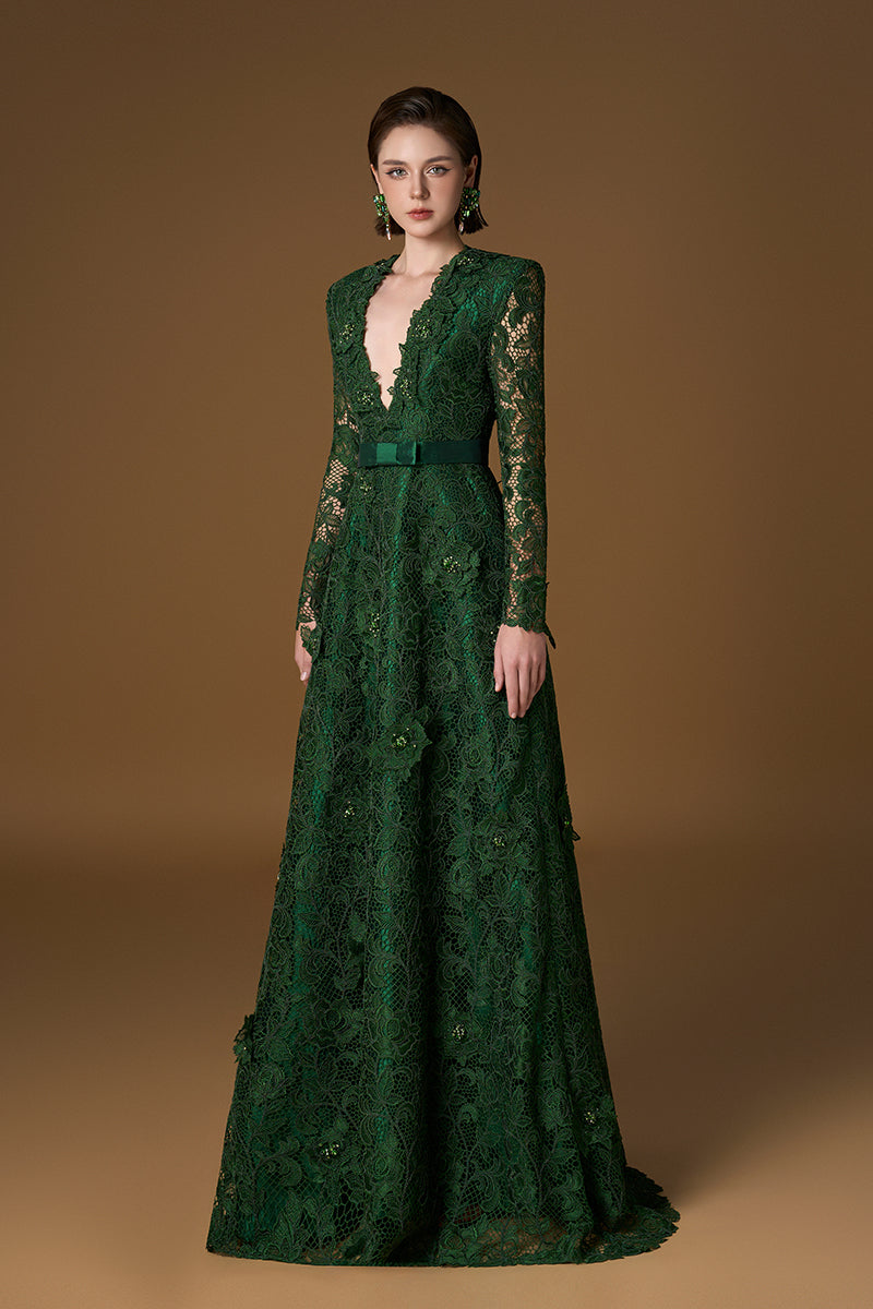 JESSICA GUIPURE LACE AND SILK GOWN IN GREEN | CULT MIA