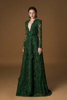 Green Jessica Guipure lace and silk A-line gown with V-neck and long sleeves by I.H.F displayed on a model.