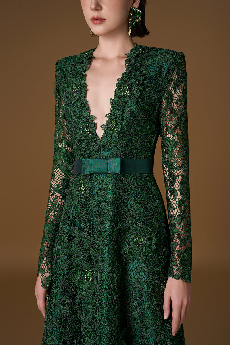 JESSICA GUIPURE LACE AND SILK GOWN IN GREEN | CULT MIA | I.H.F JESSICA GUIPURE LACE AND SILK GOWN IN GREEN | CULT MIA | I.H.F