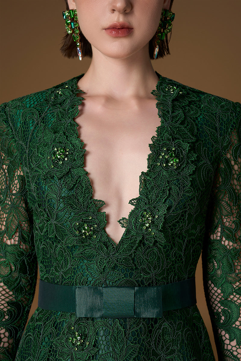 JESSICA GUIPURE LACE AND SILK GOWN IN GREEN | CULT MIA JESSICA GUIPURE LACE AND SILK GOWN IN GREEN | CULT MIA