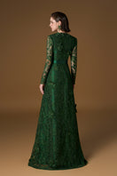 Green Jessica Guipure lace and silk gown by I.H.F featuring a V-neck, A-line silhouette, and long sleeves.