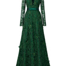 Green Jessica guipure lace and silk gown by I.H.F featuring a V-neck, A-line silhouette, and long sleeves.