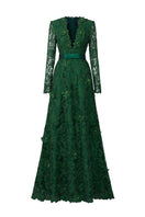 Green Jessica guipure lace and silk gown by I.H.F featuring a V-neck, A-line silhouette, and long sleeves.