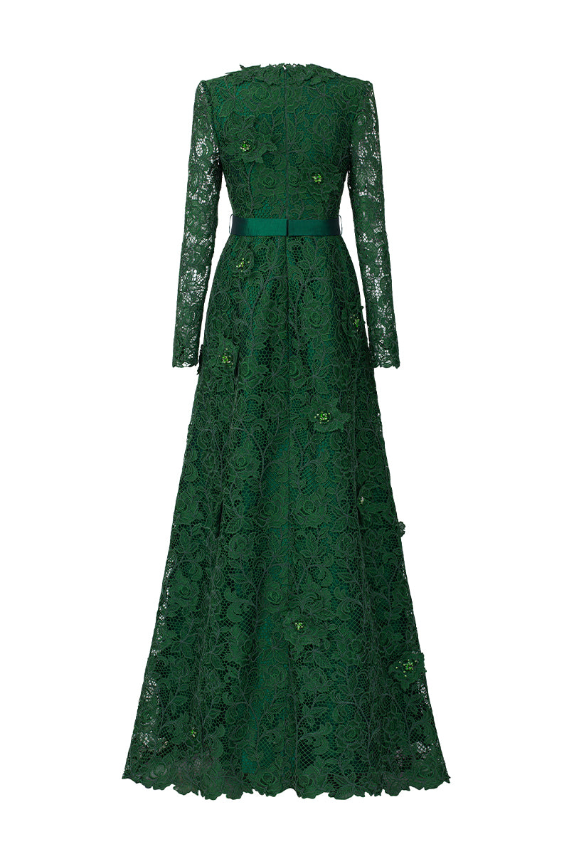 JESSICA GUIPURE LACE AND SILK GOWN IN GREEN | I.H.F