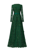 Green Jessica Guipure lace and silk gown by I.H.F featuring a V-neckline, A-line silhouette, and long sleeves.