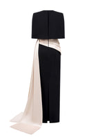 Black and ivory crepe silk lined gown with v-neck and asymmetric draped detail, designed by I.H.F.