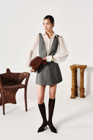 Light blue oversize organza shirt by Lecia with a relaxed fit and V-neck, styled with tweed dress fabric in the image.