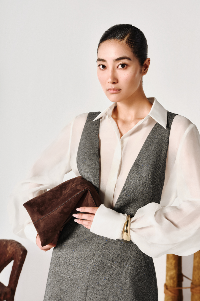 Light blue oversized organza shirt with V-neck and loose fit, styled with tweed dress fabric, by LECIA.