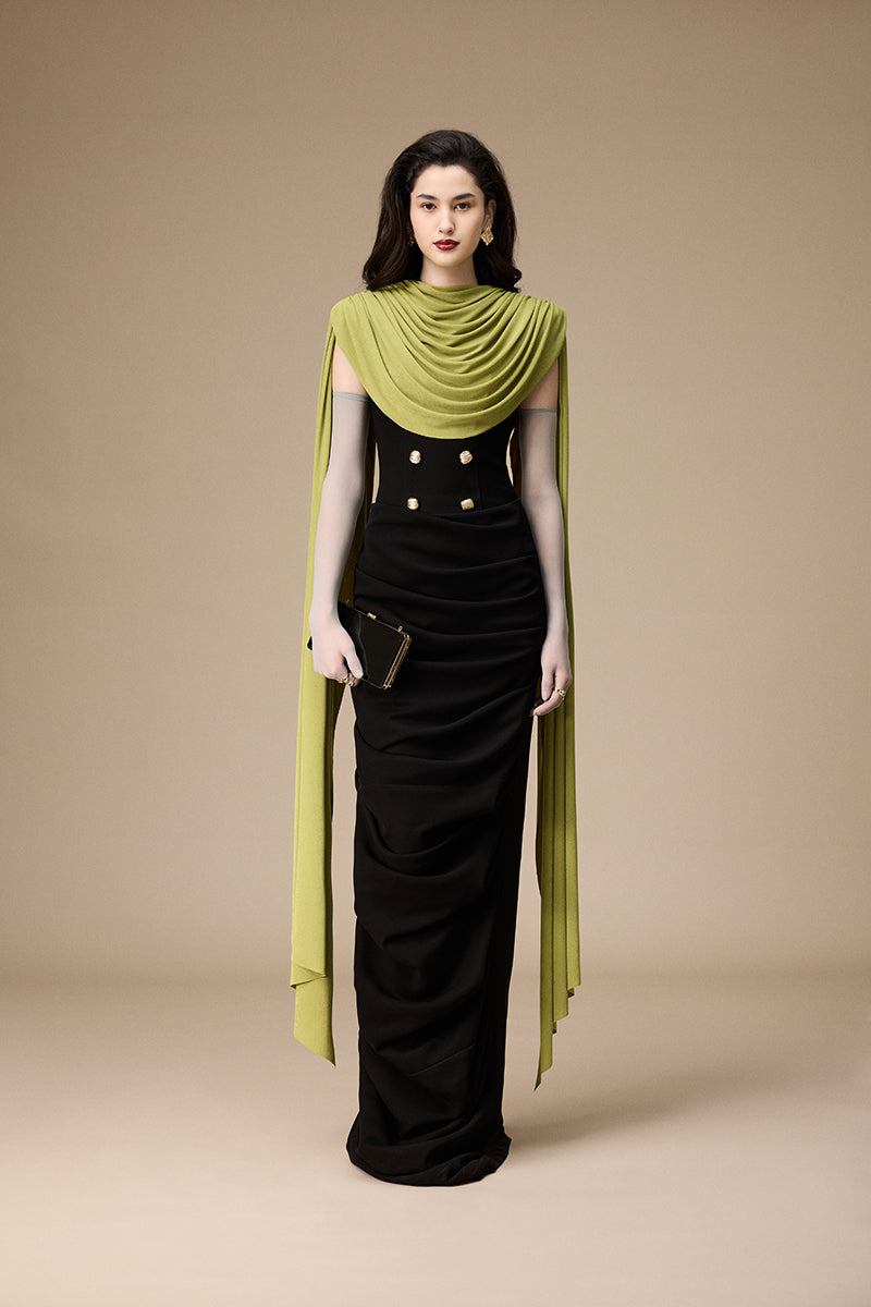 Black Volley dress by Jenny K Tran featuring a sleek gown design with pebbled texture and elegant silhouette.