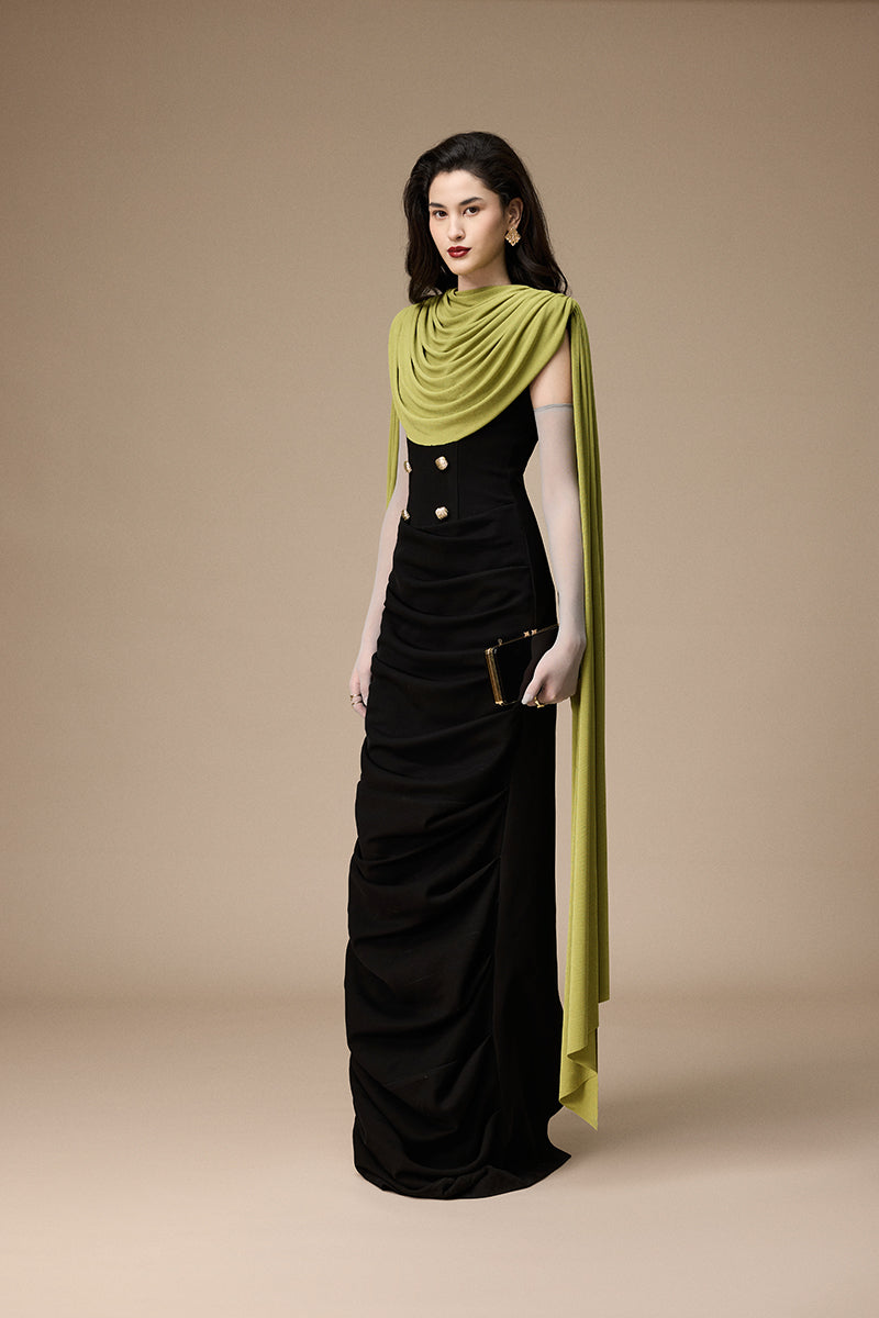 Black Volley dress by Jenny K Tran featuring a sleek gown design with peacock green accents, elegant and stylish for formal occasions.
