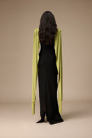 Black Volley dress by Jenny K Tran featuring a sleek gown design with vibrant peridot accents.