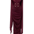 Jenny K Tran burgundy volley dress gown displayed on a hanger, showcasing elegant fabric and design details.
