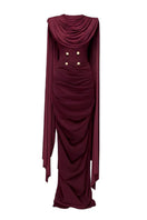 Jenny K Tran burgundy volley dress gown displayed on a hanger, showcasing elegant fabric and design details.