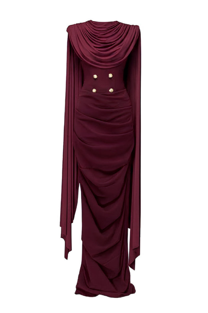 Jenny K Tran burgundy volley dress gown displayed on a hanger, showcasing elegant fabric and design details.
