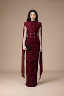 Jenny K Tran burgundy volley gown with flowing fabric and elegant design, perfect for formal occasions.