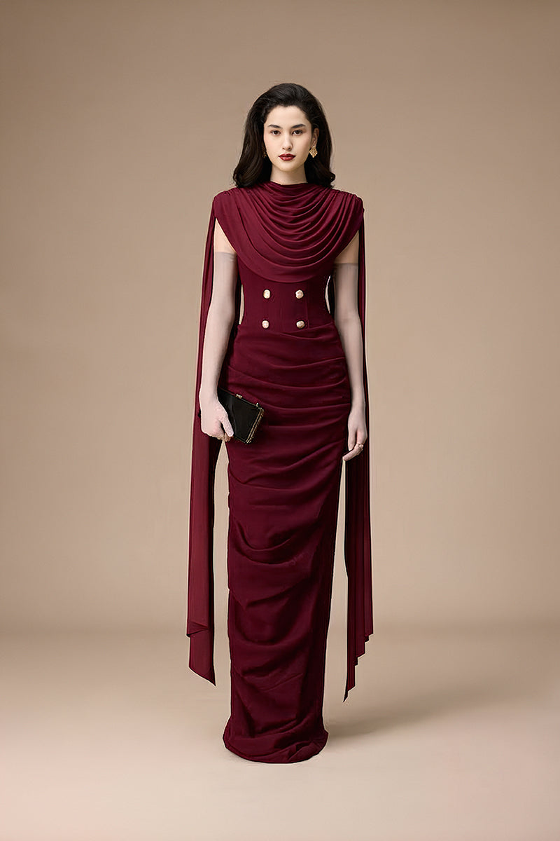 Jenny K Tran burgundy volley gown with flowing fabric and elegant design, perfect for formal occasions.