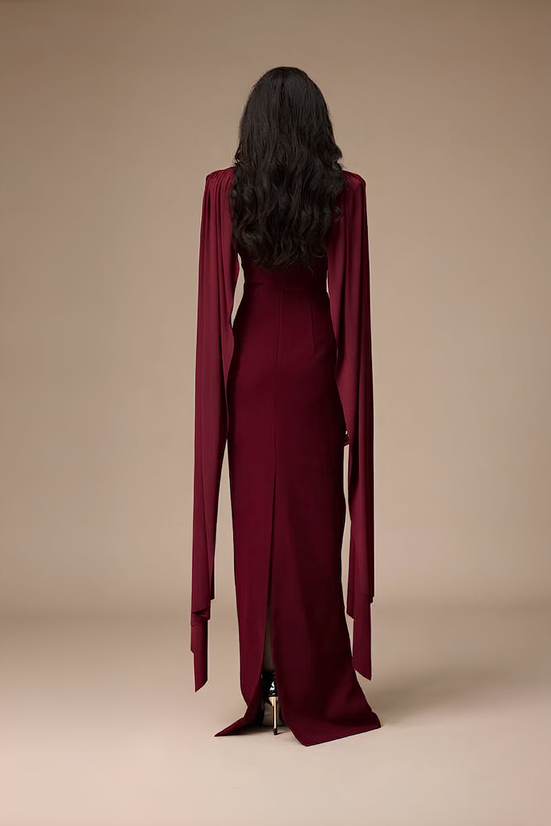 Jenny K Tran burgundy Volley gown featuring a flowing fabric and elegant design, perfect for formal occasions.