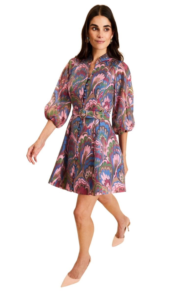 Mestiza New York Valencia mini dress in vibrant fabric, sleeveless design, fitted waist, and above-the-knee length.