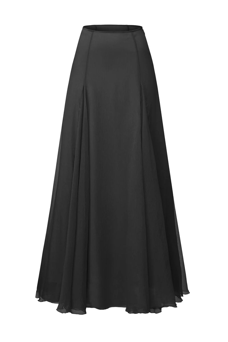 Black Valencia Maxi Skirt by Nana Jacqueline, flowing fabric with a stylish silhouette, showcased in this elegant product image.