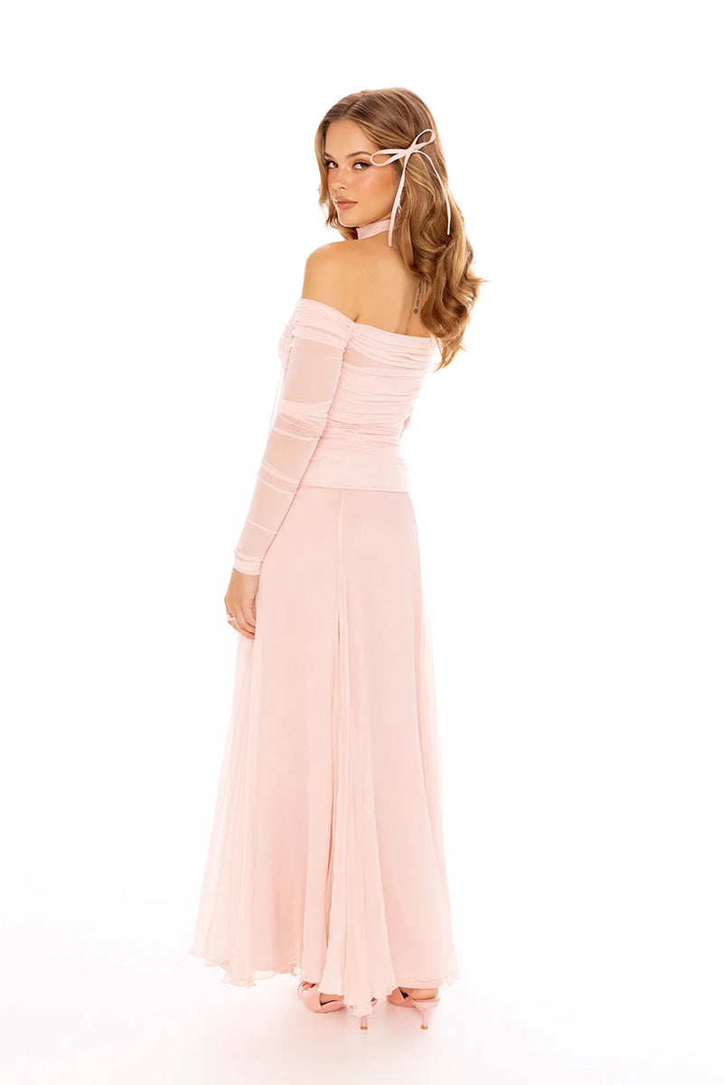 Pink Valencia Maxi Skirt by Nana Jacqueline, flowing fabric with a stylish, elegant design perfect for casual or dressy wear.