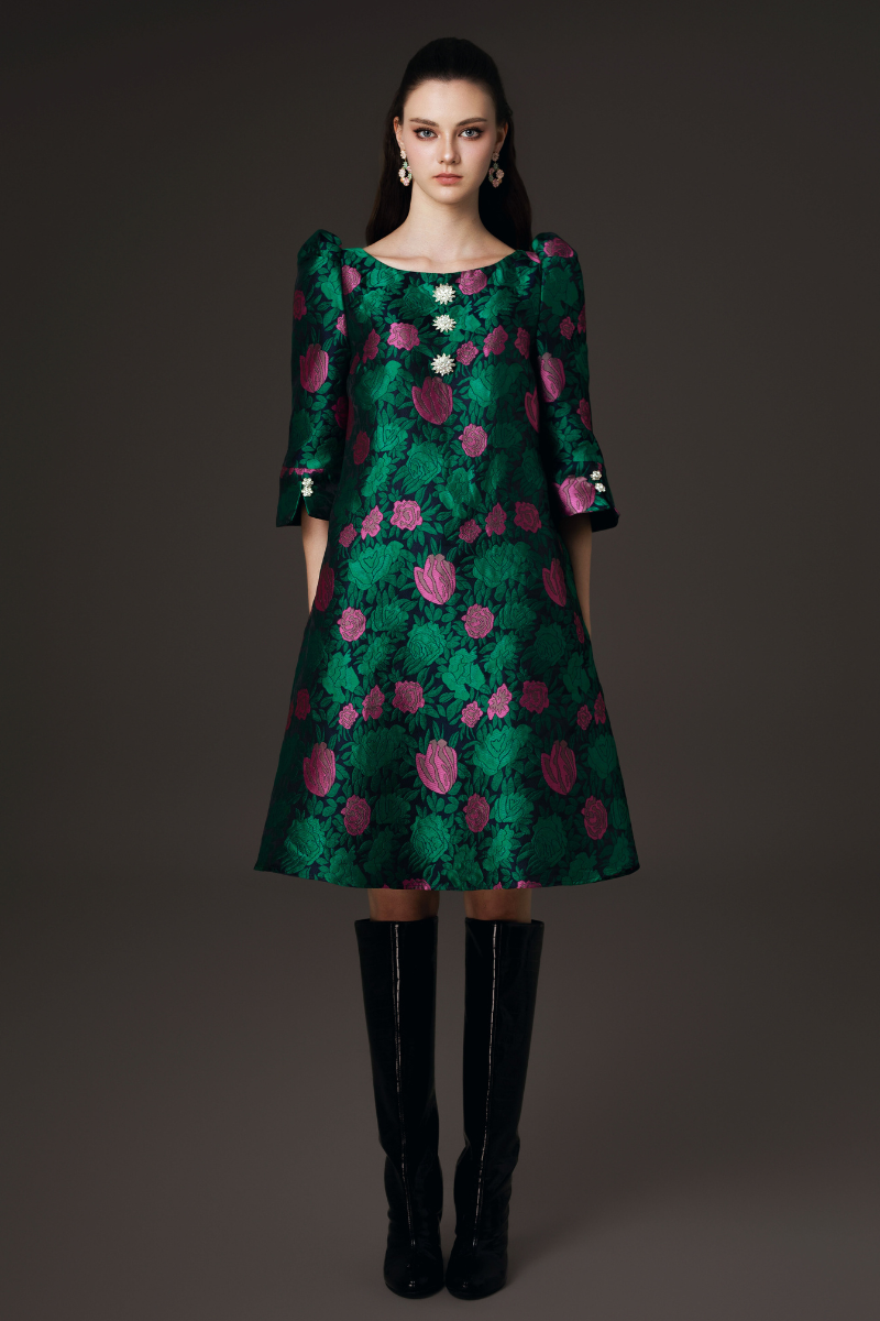 BOAT NECK PUFF SHOULDER MIDI DRESS - CULT MIA