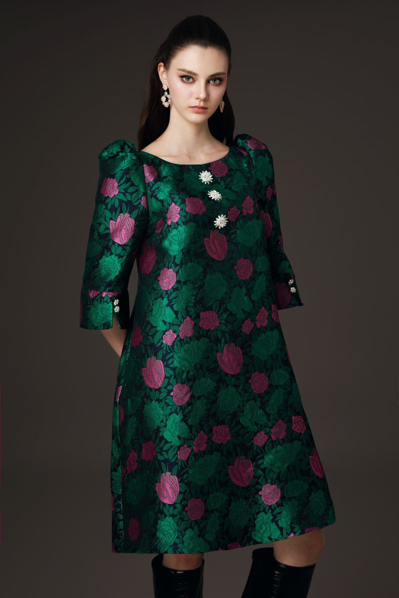 BOAT NECK PUFF SHOULDER MIDI DRESS - CULT MIA