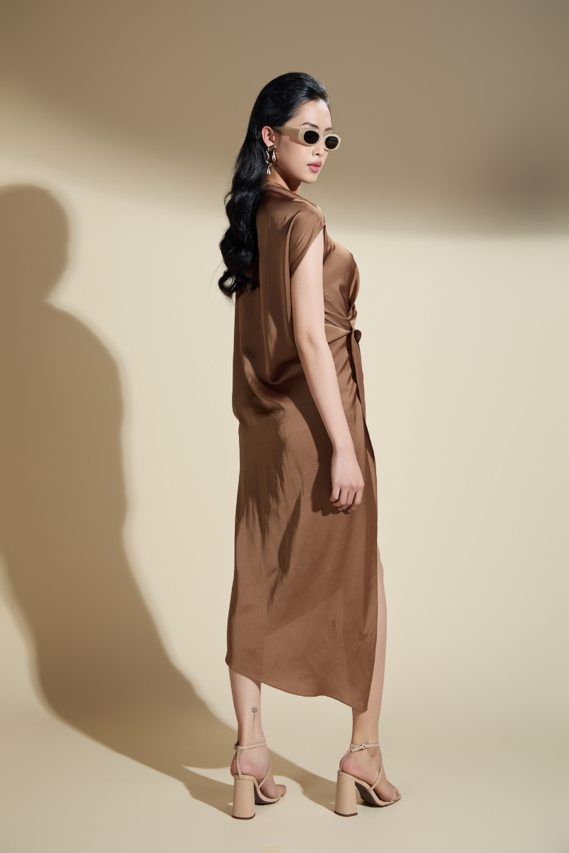 BETHANY SLIT DRAPED SATIN MIDI DRESS - CULT MIA
