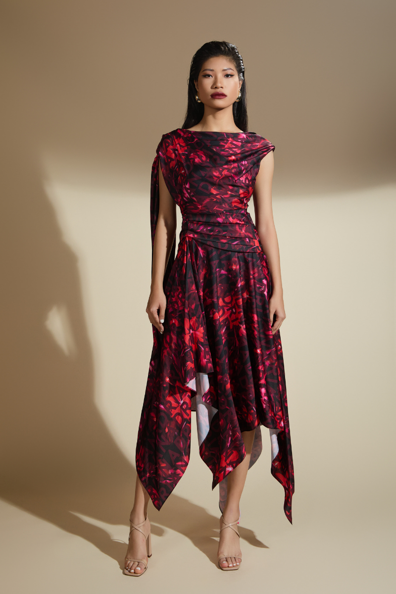 DAHLIA A-LINE RUFFLED LATIN SILK MIDI DRESS - CULT MIA