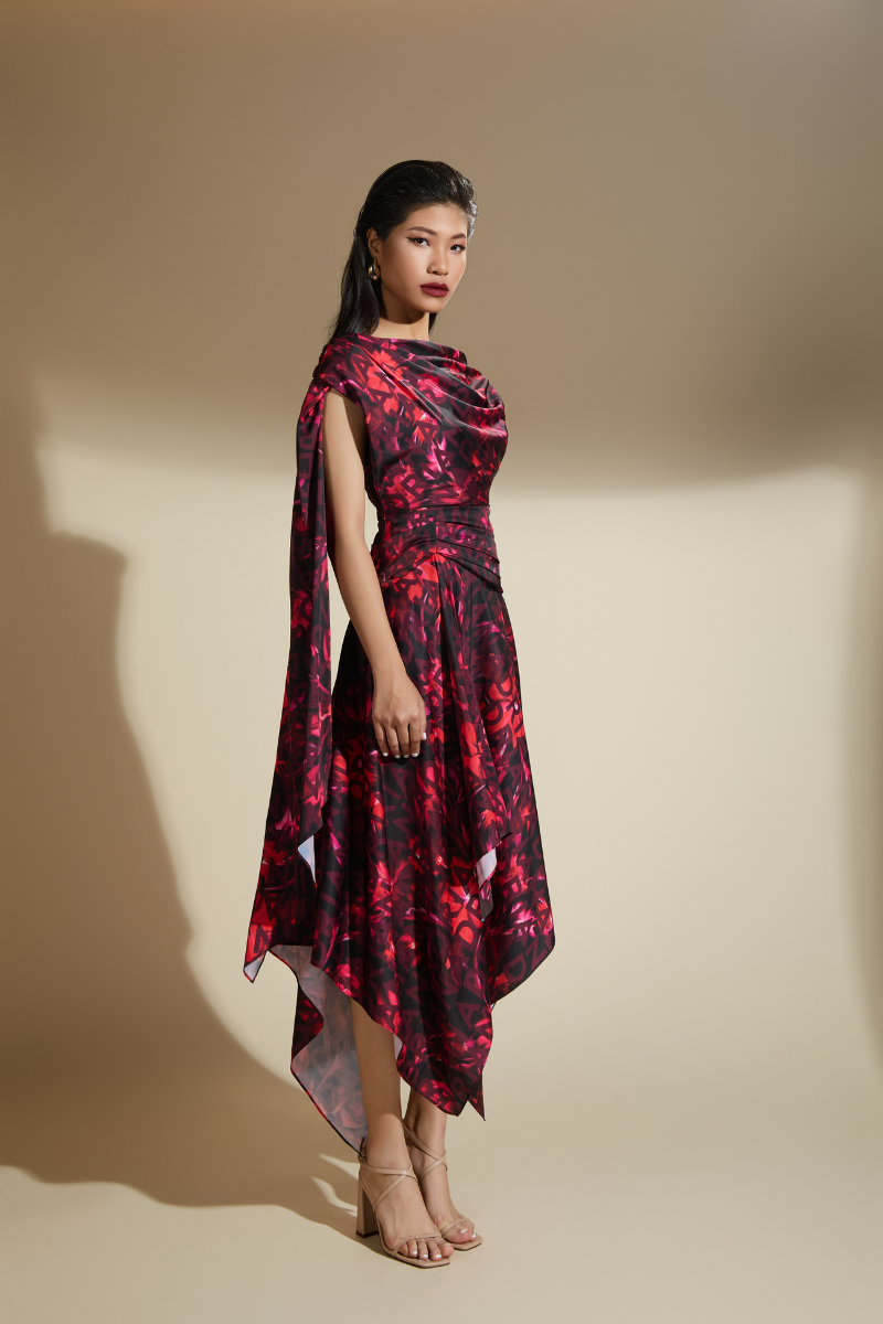 DAHLIA A-LINE RUFFLED LATIN SILK MIDI DRESS - CULT MIA