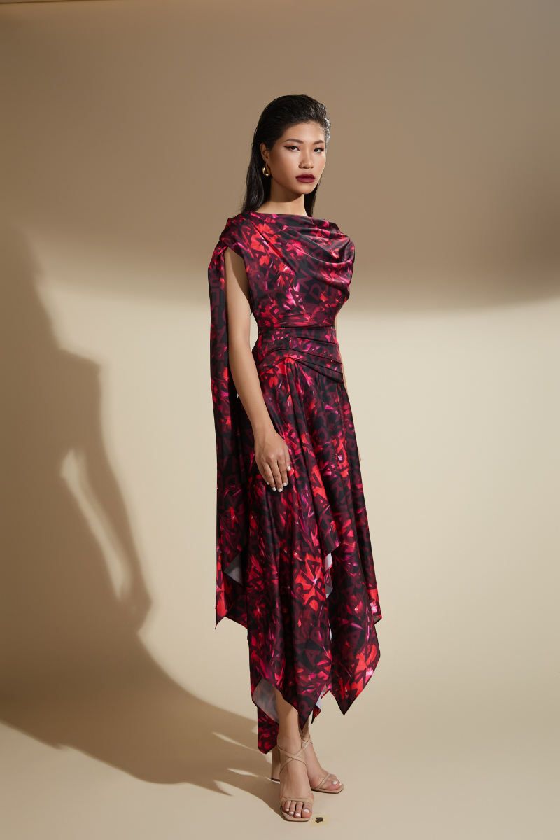 DAHLIA A-LINE RUFFLED LATIN SILK MIDI DRESS - CULT MIA