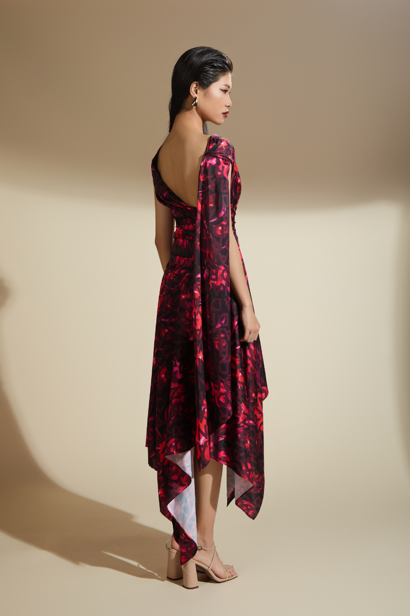 DAHLIA A-LINE RUFFLED LATIN SILK MIDI DRESS - CULT MIA