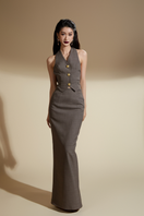 Valenciani NORA halter backless cotton vest and skirt set, stylish co-ords with a breezy, relaxed fit and natural cotton fabric.