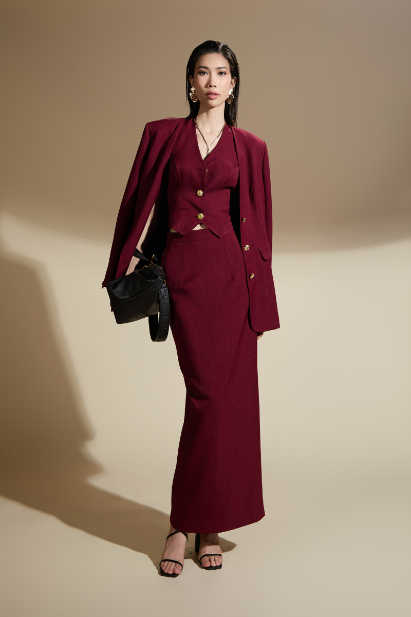 Valenciani NORA straight lapeless cotton blend vest and skirt co-ords set displayed on a mannequin.