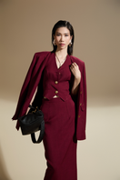 Valenciani NORA straight lapelless cotton blend vest and skirt set, stylish co-ords in a modern design, shown on a model.