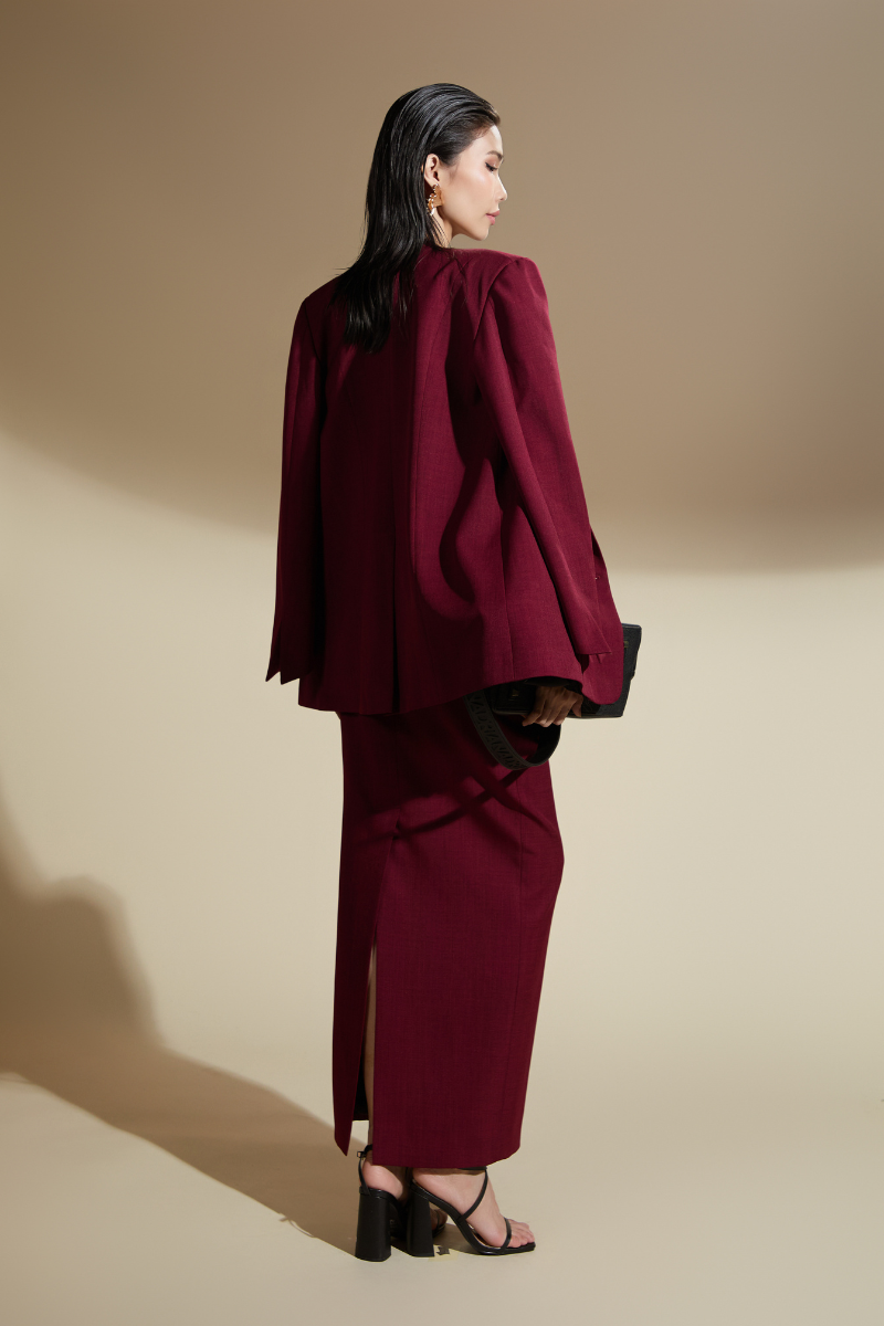 Valenciani NORA straight lapelless cotton blend vest and skirt co-ords set displayed on a hanger, showcasing stylish, modern design.