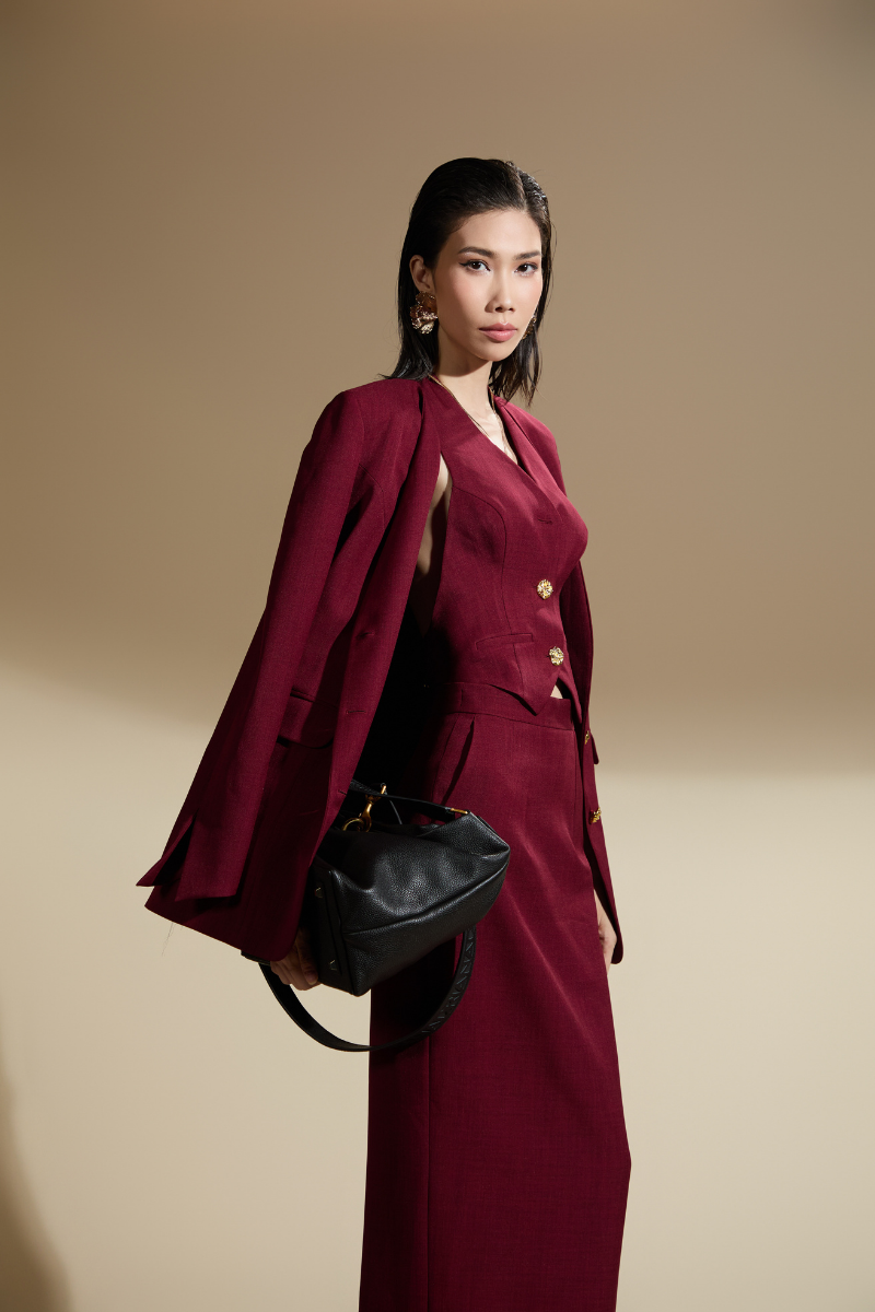 Valenciani NORA straight lapelless cotton blend vest and skirt co-ords set, featuring a matching tailored top and skirt.