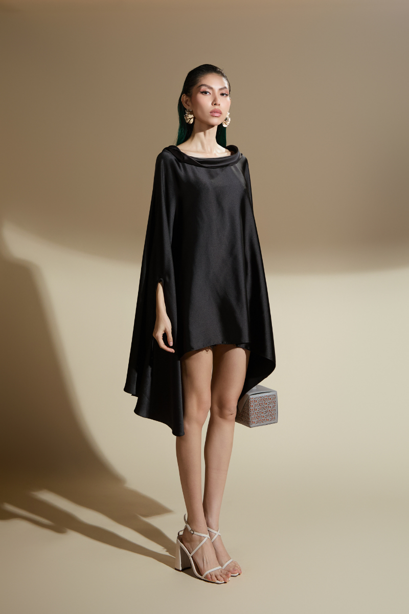 EMMALYN FLARED BATWING SLEEVED SILK SATIN MINI DRESS - CULT MIA