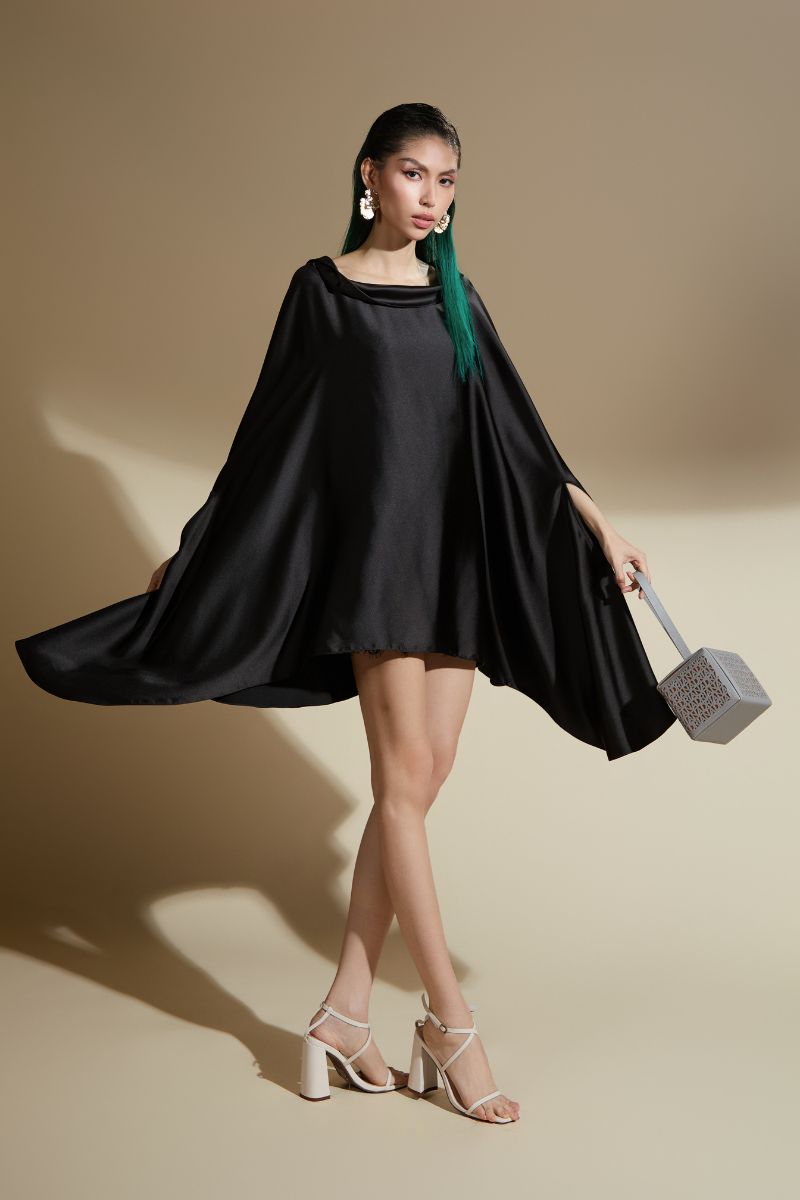 EMMALYN FLARED BATWING SLEEVED SILK SATIN MINI DRESS - CULT MIA