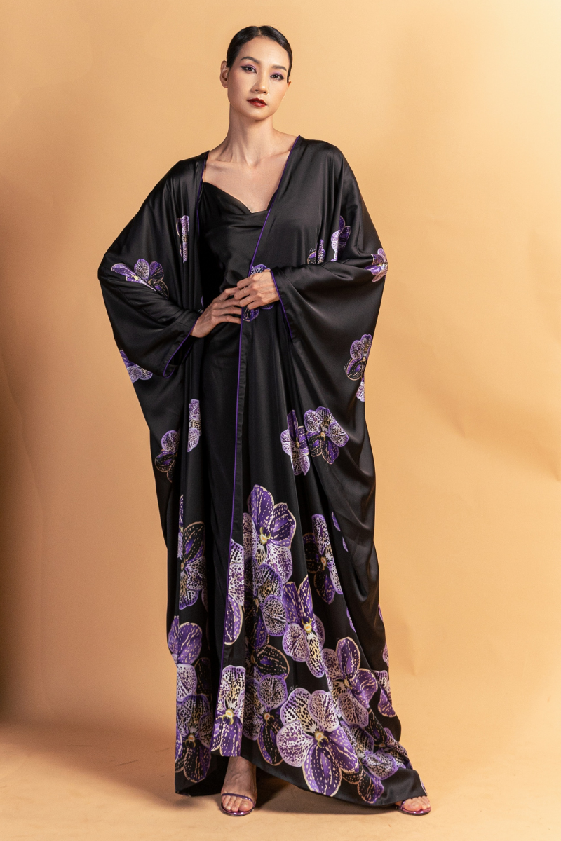 Valenciani Long Purple Floral Cape and Black Strap Dress | Cult Mia Valenciani Long Purple Floral Cape and Black Strap Dress | Cult Mia