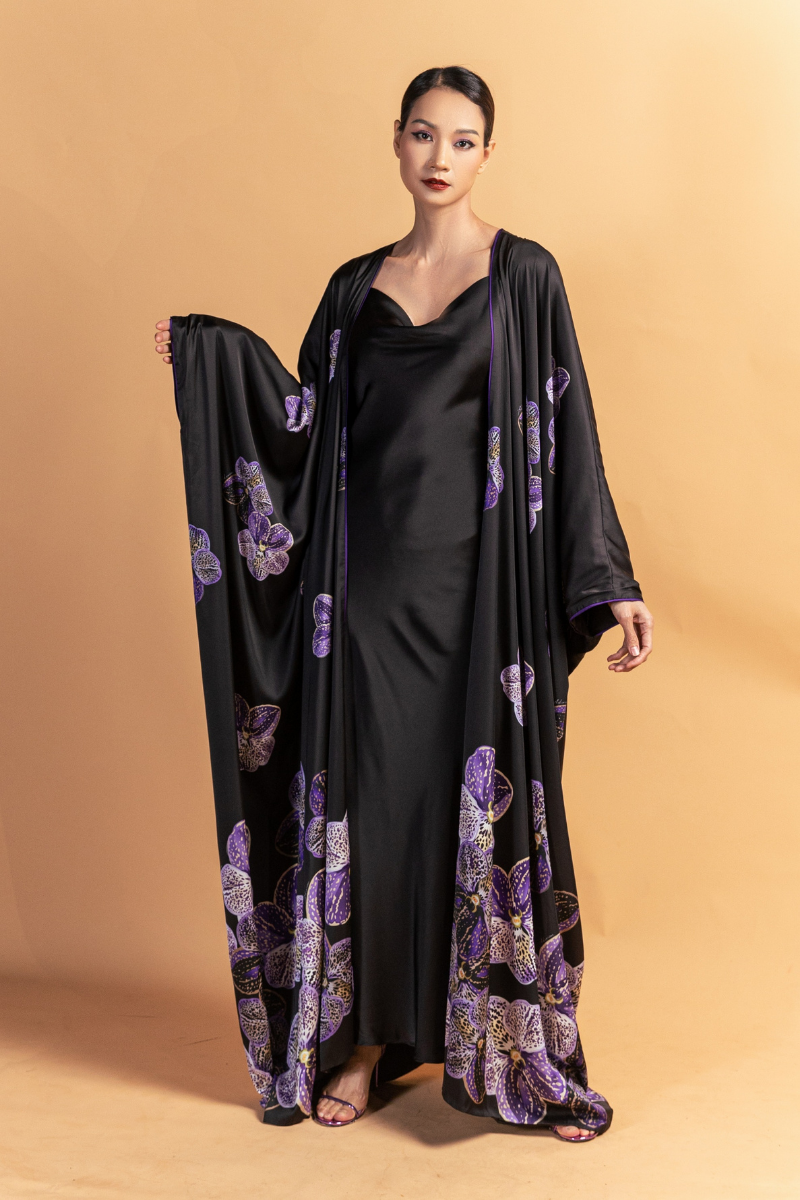 LONG PURPLE FLORAL CAPE AND BLACK STRAP DRESS - CULT MIA