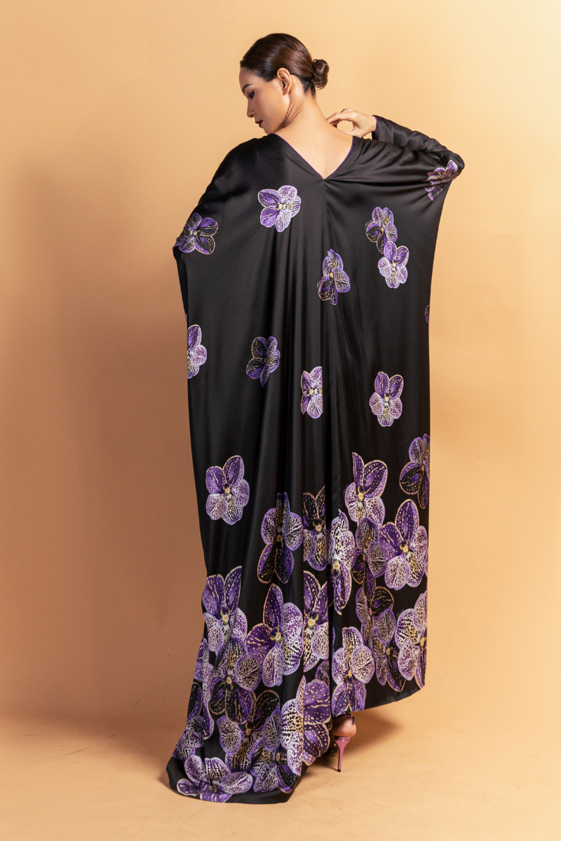 LONG PURPLE FLORAL CAPE AND BLACK STRAP DRESS - CULT MIA