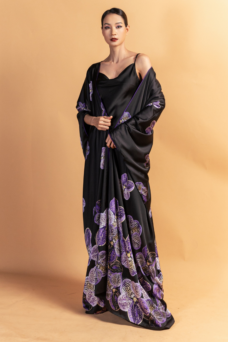 LONG PURPLE FLORAL CAPE AND BLACK STRAP DRESS - CULT MIA