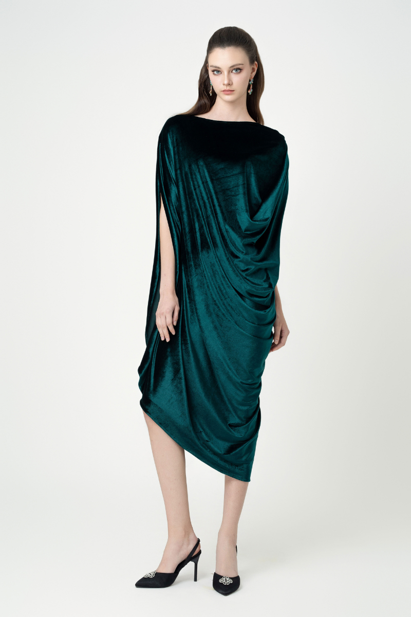 ASYMMETRICAL SIDE-DRAPED MIDI DRESS - CULT MIA