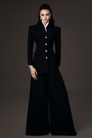 Valenciani high collar fitted blazer and wide-leg co-ord set displayed on a hanger, showcasing tailored design and stylish fit.