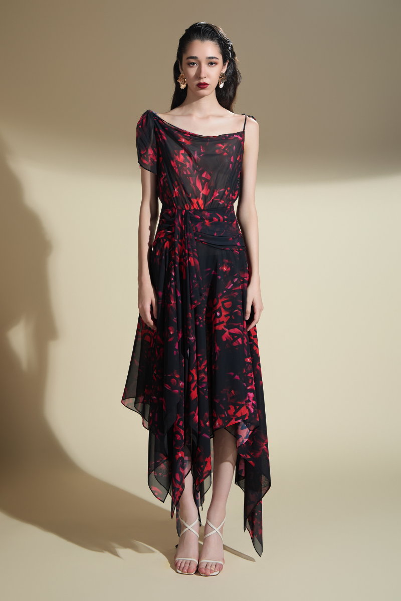 JESSICA A-LINE ASYMMETRIC SHOULDER MIDI DRESS - CULT MIA